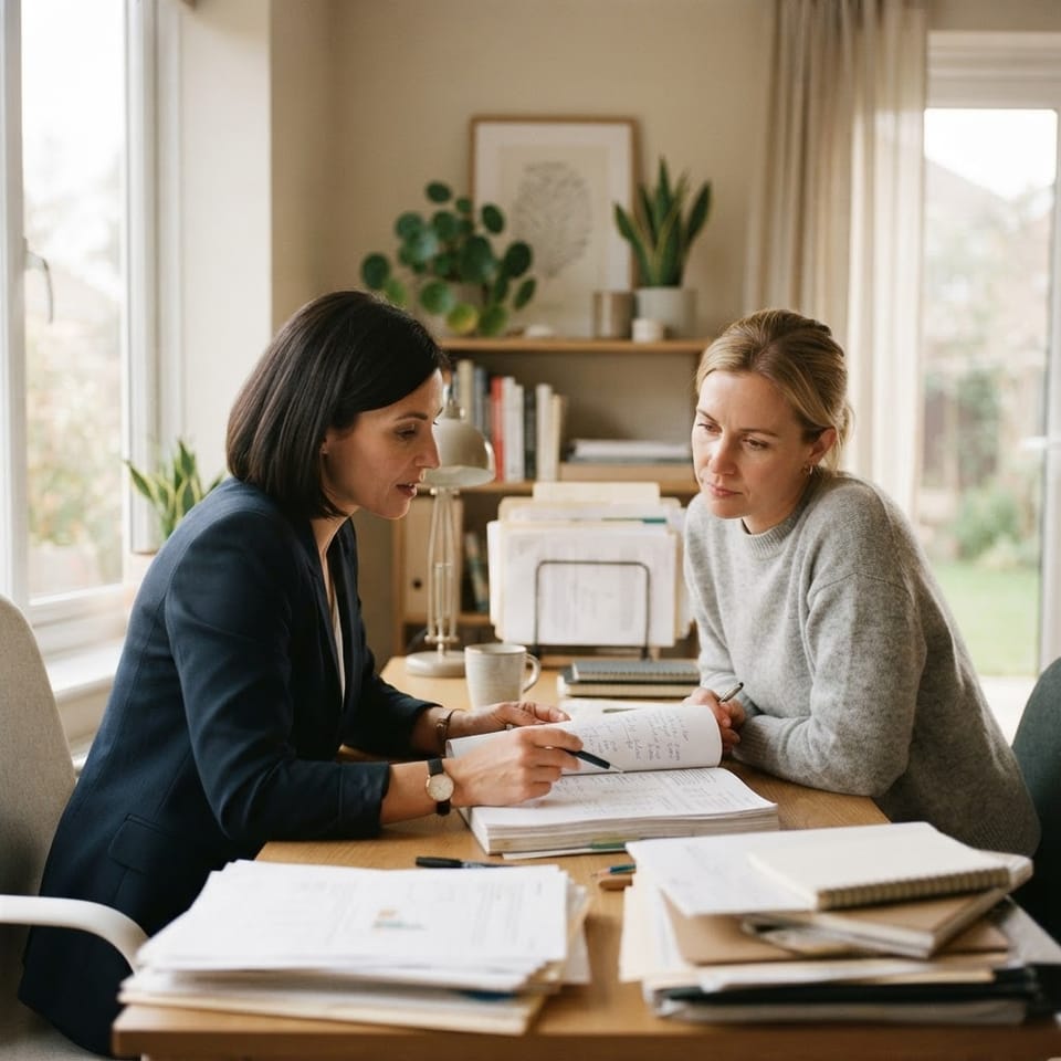 Two professionals reviewing accounts and paperwork together across a desk in a bright office