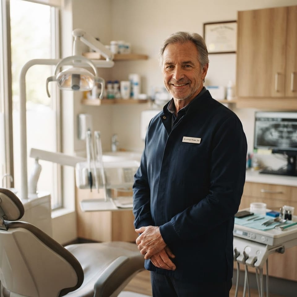 A dignified professional portrait of an experienced dentist standing in a modern dental surgery