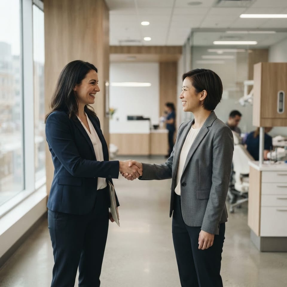 Two healthcare professionals shaking hands inside a bright modern dental practice on completing a handover