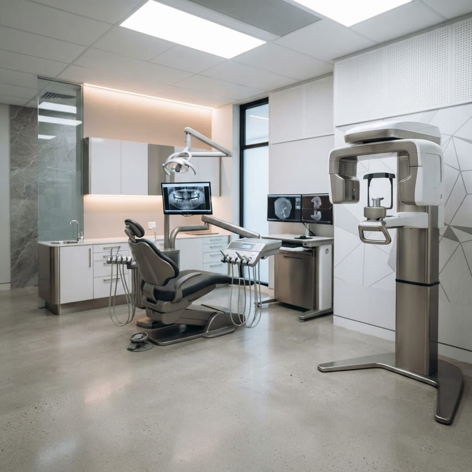 A modern dental treatment chair alongside advanced digital CBCT imaging equipment in a clinical surgery