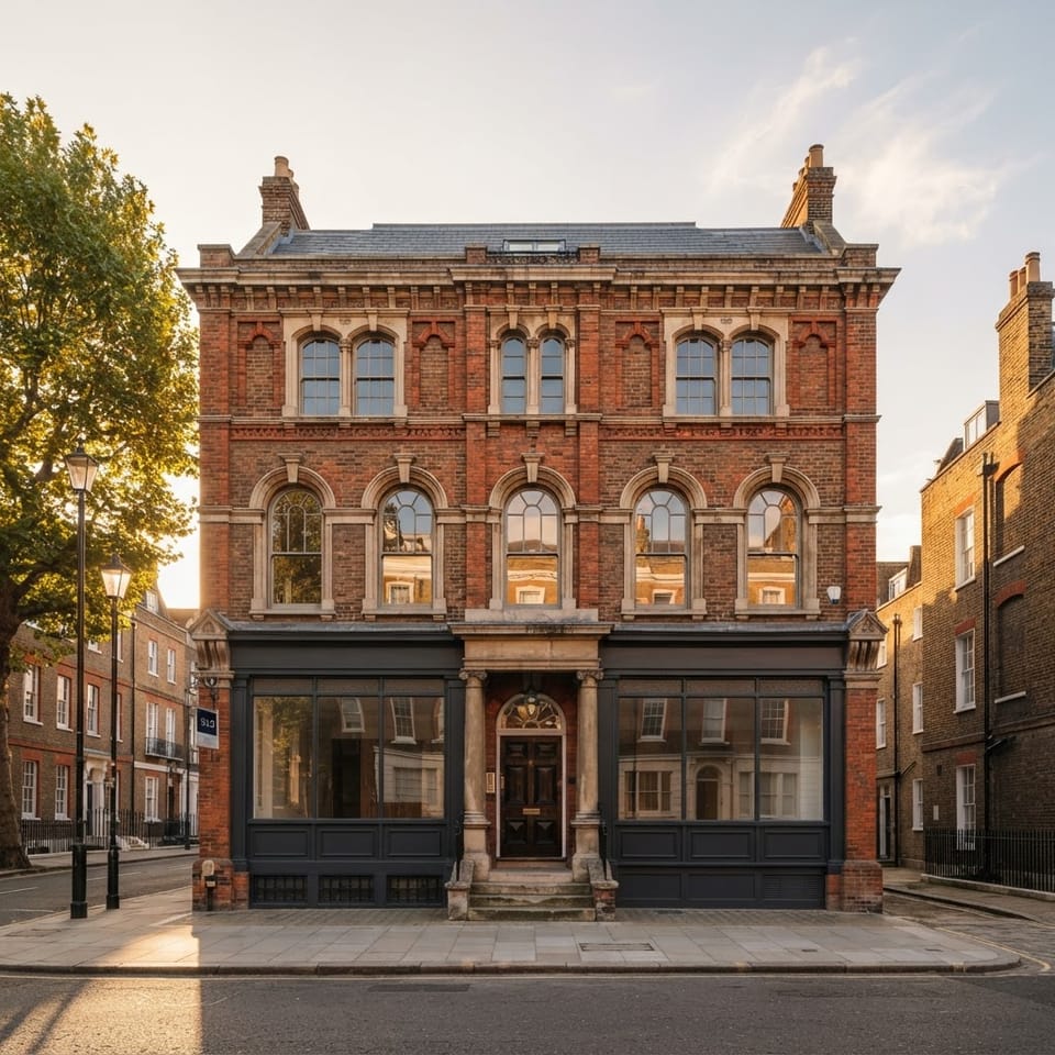 The elegant brick and stone facade of a period commercial property being acquired in late-afternoon light
