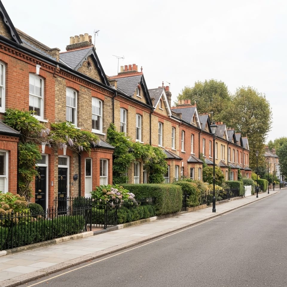 A row of well-maintained UK Victorian terraced residential houses on a quiet street