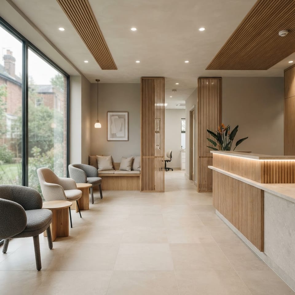 A newly refurbished dental practice reception and waiting area with warm oak accents and natural daylight