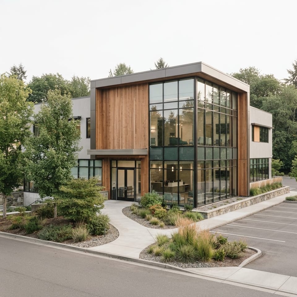 The exterior of a modern owner-occupied medical and dental clinic building with a glass frontage