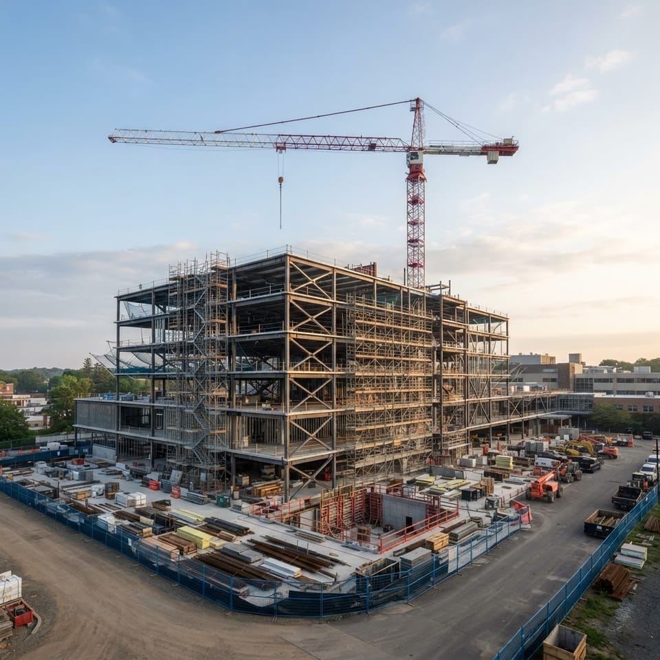 A construction site of a new healthcare building with steel frame, scaffolding and a tower crane against a clear sky