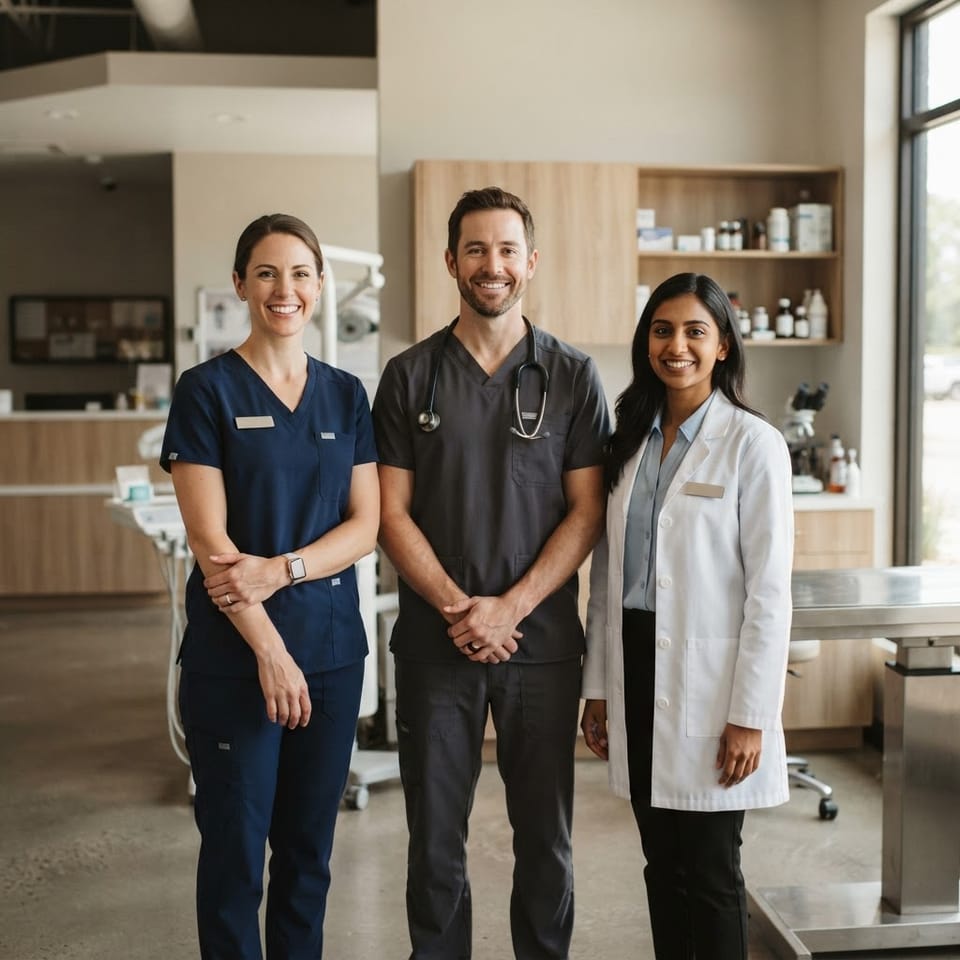 A confident group of healthcare professionals standing together in a bright modern clinical setting