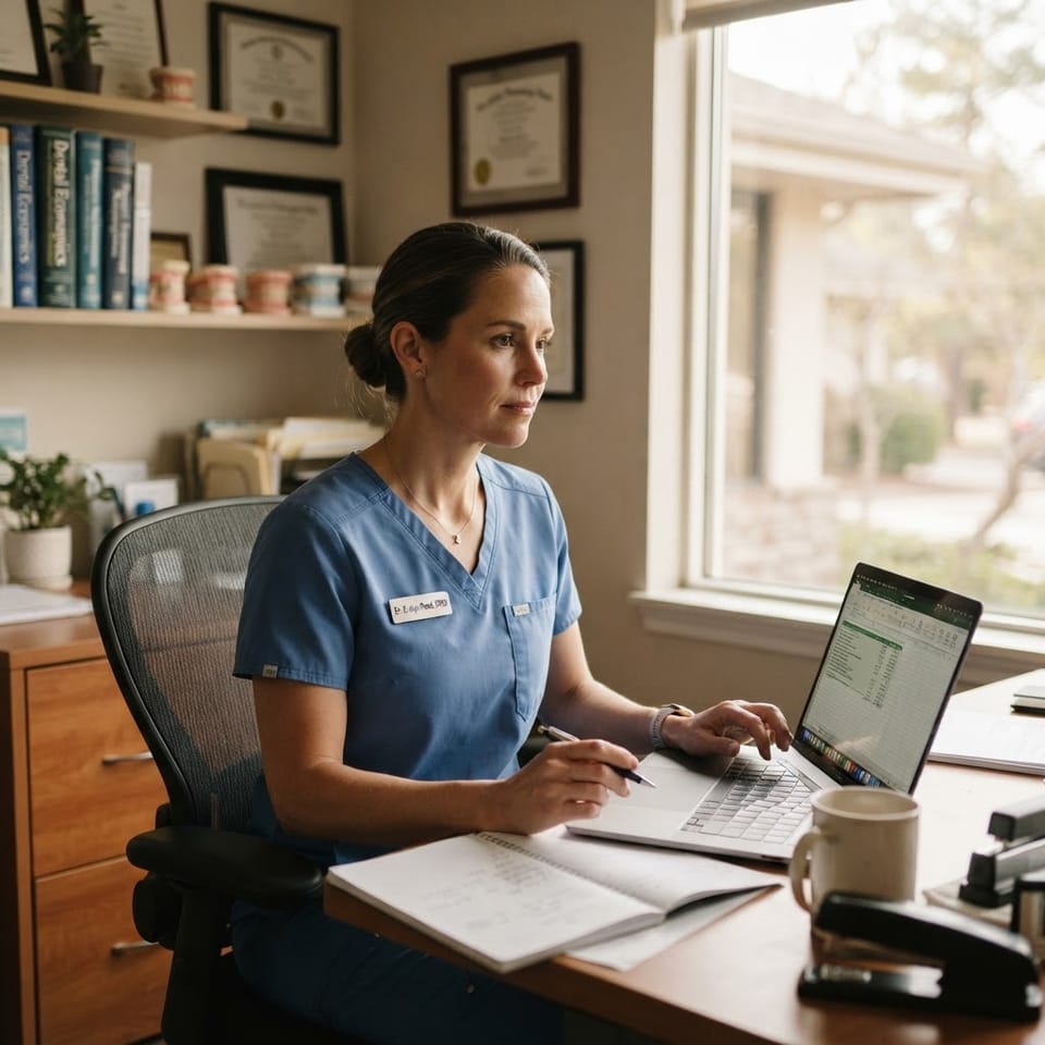 A dentist in clinical attire reviewing practice finances on a laptop in a bright office