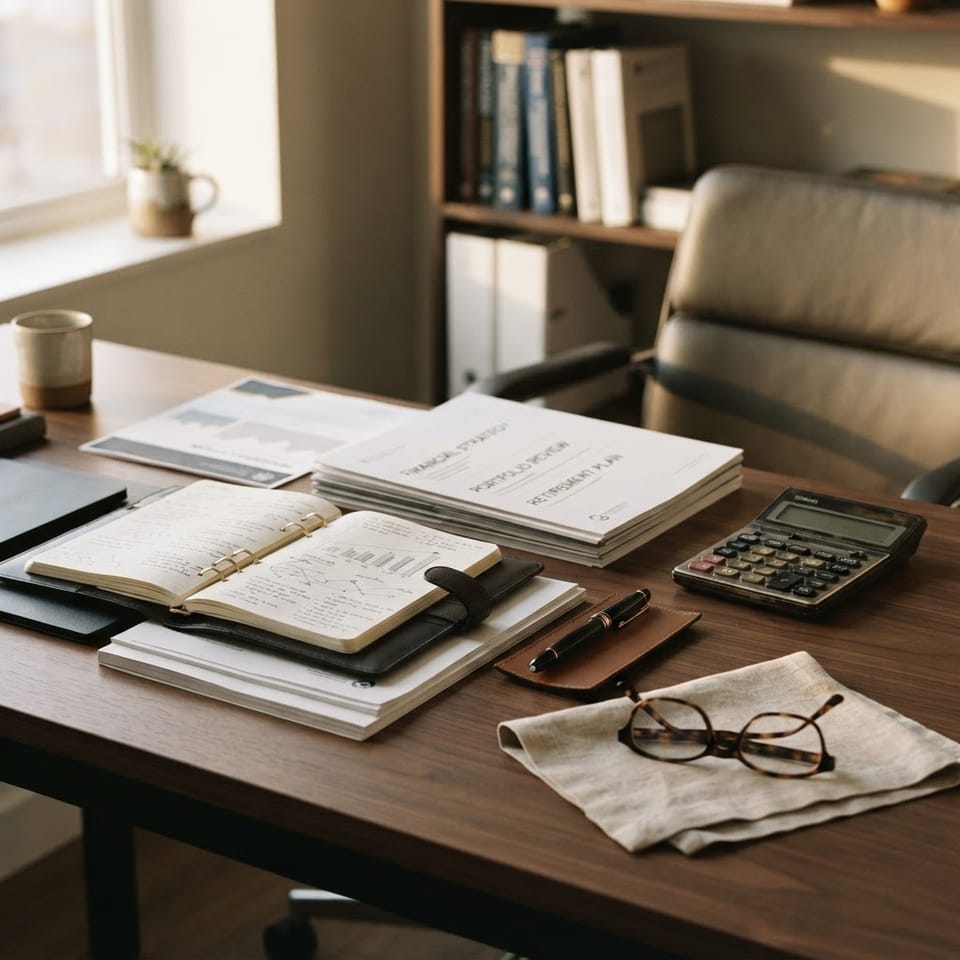 A tidy desk with financial planning documents, a calculator and a fountain pen under warm light