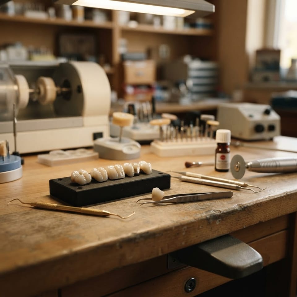 A dental laboratory workbench with precision instruments and finished ceramic crown restorations