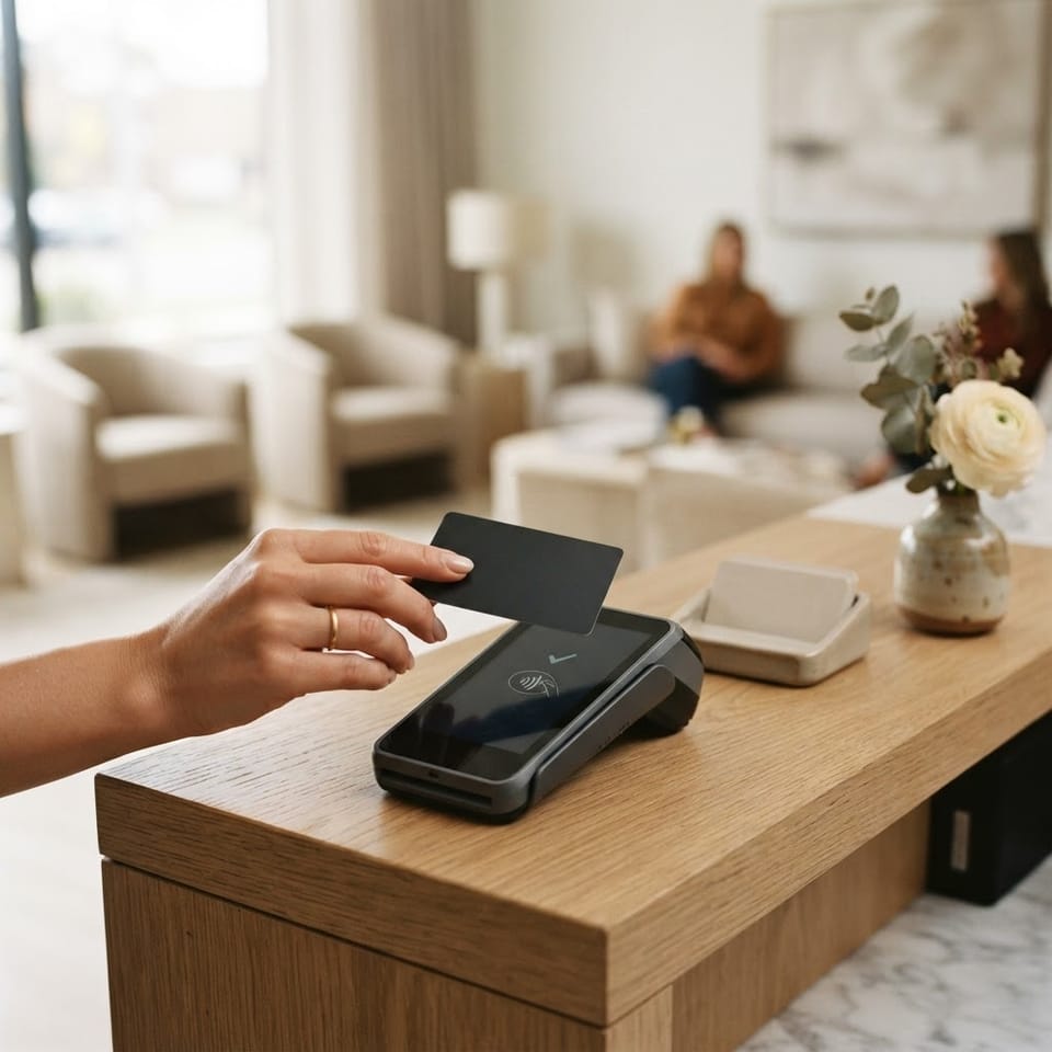 A patient making a contactless card payment on a modern card terminal at a private clinic reception desk