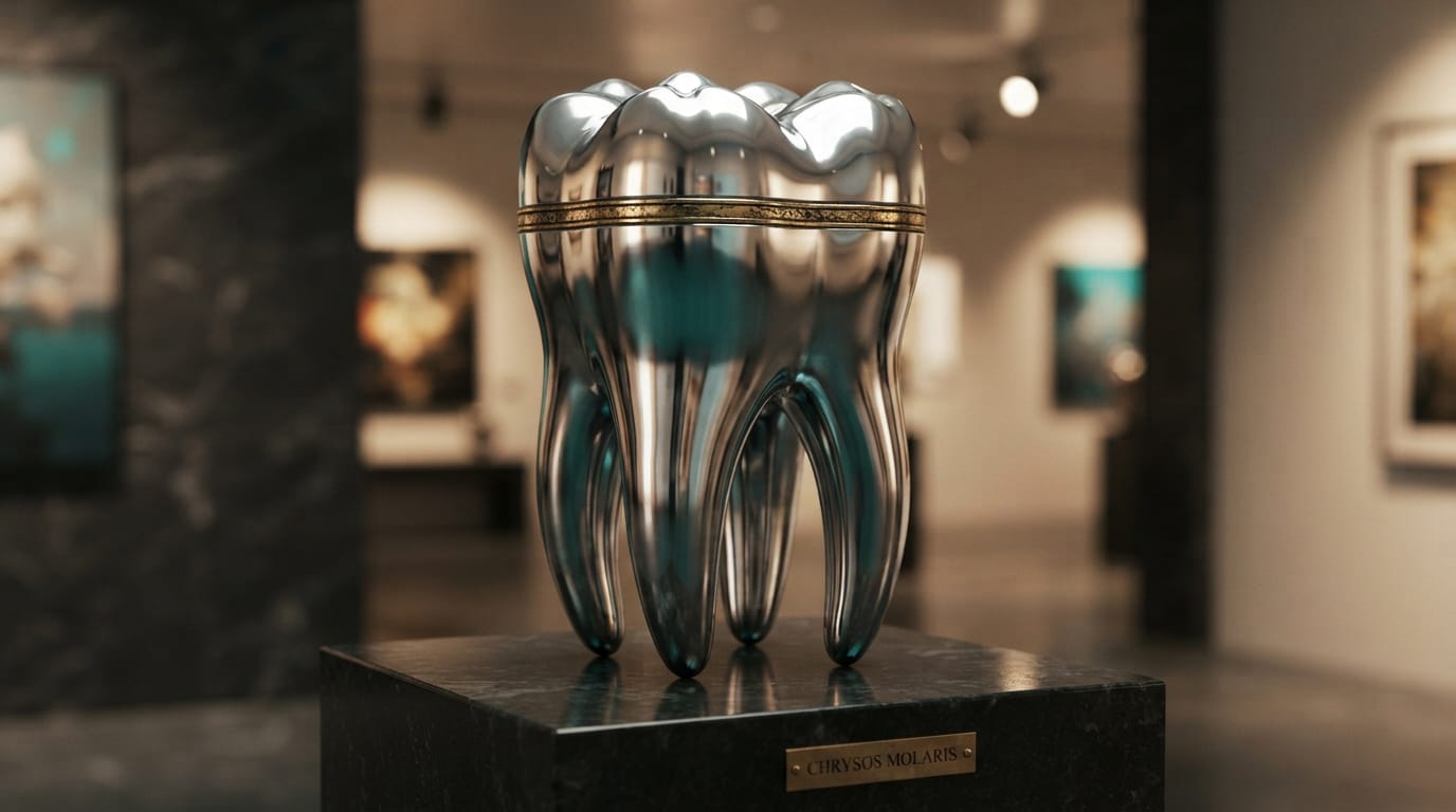 A polished chrome sculpture of a molar tooth, banded with gold, displayed on a dark stone plinth in a gallery