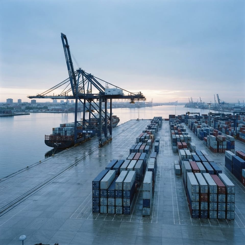 A container shipping port at dawn with stacked freight containers and a gantry crane